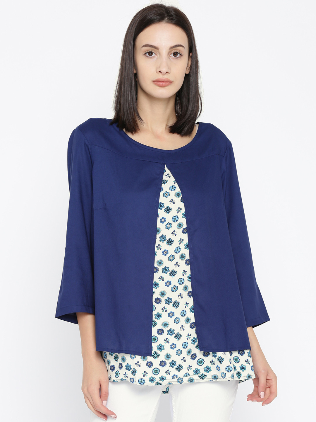 Annabelle by Pantaloons Women Blue & White Printed Layered Top