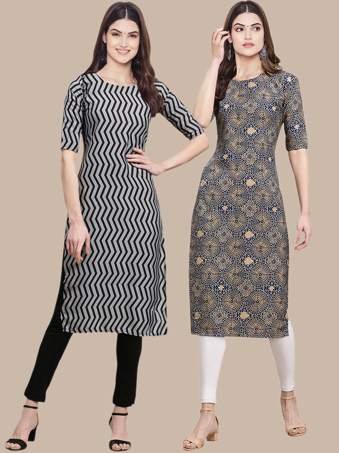7Threads Women Pack of 2Black & Grey Ethnic Motifs Printed Crepe Kurta