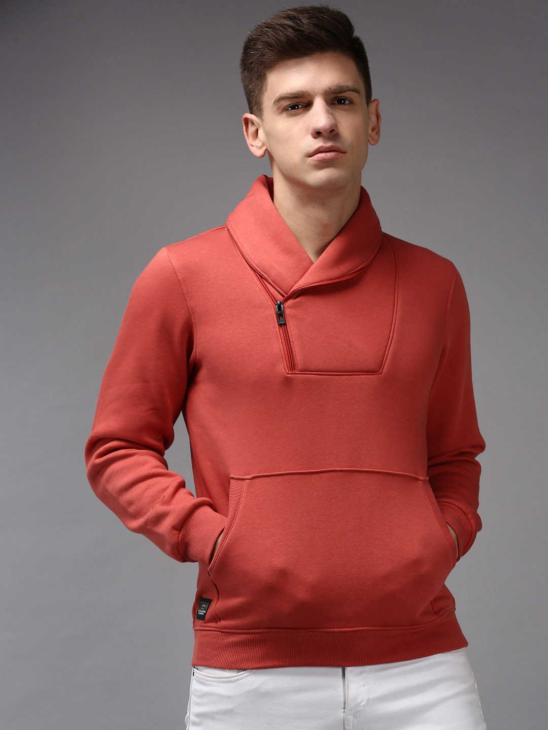 SHOWOFF Men Rust Orange Double Collar Cotton Sweatshirt