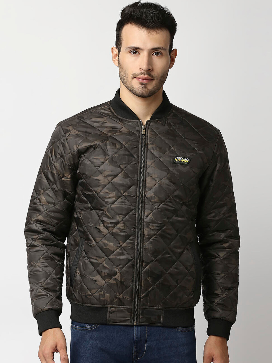 Pepe Jeans Men Green Olive Green Camouflage Open Front Jacket