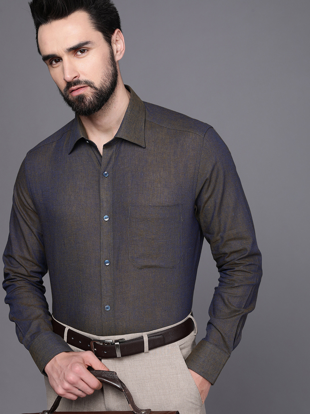 Louis Philippe Men Coffee Brown & Blue Classic Long Sleeves Formal Shirt