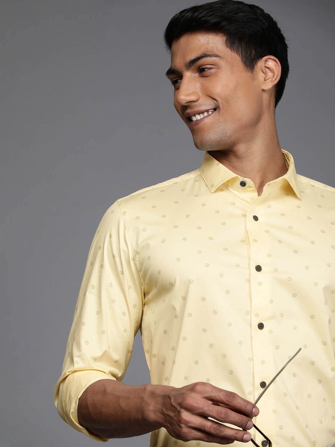 Louis Philippe Ath. Work Men Yellow Slim Fit Printed Spread Collar Casual Shirt