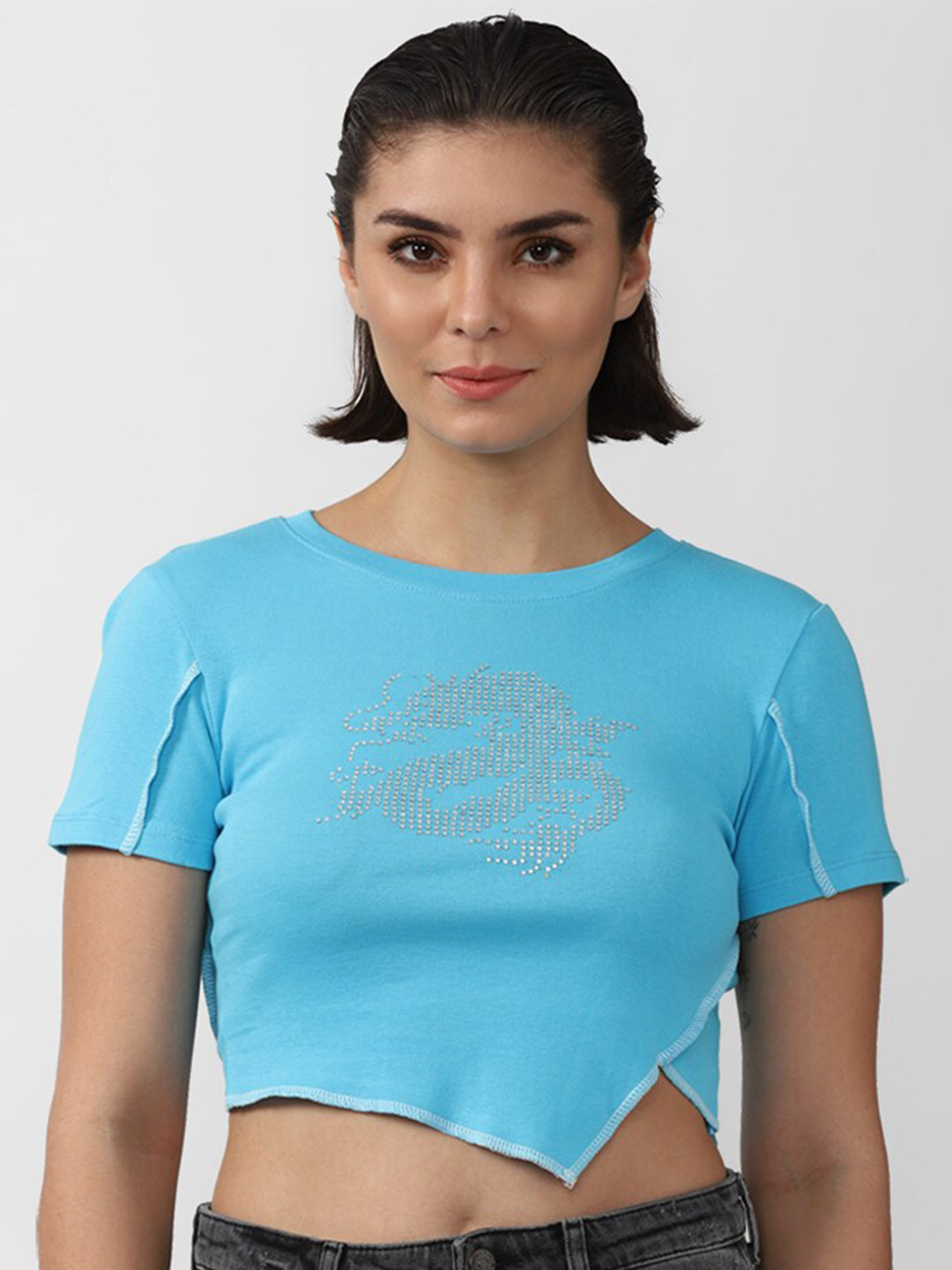 FOREVER 21 Blue Sequinned Pure Cotton Crop Top