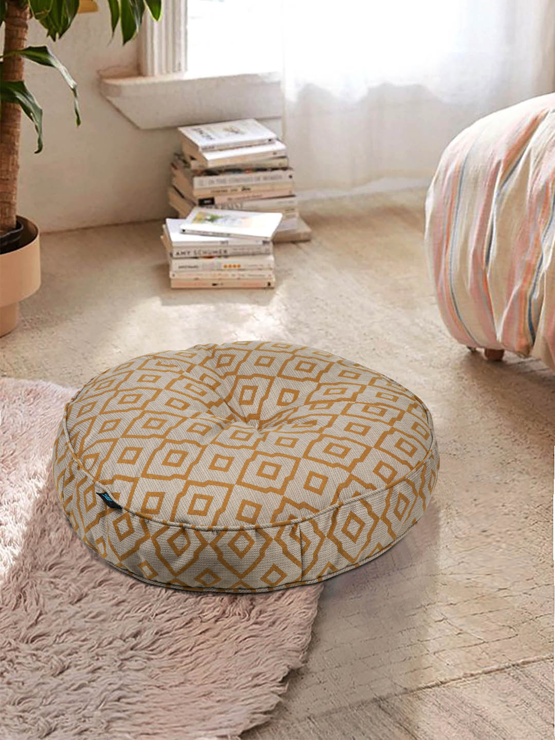 S9home by Seasons Grey & Mustard Yellow Printed Round Floor Cushion