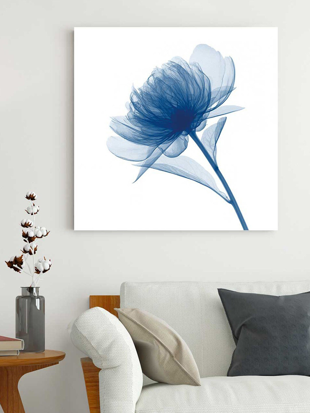 Art Street White & Blue Abstract Floral Framed Wall Painting