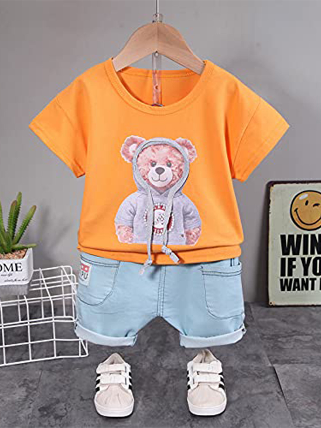 Googo Gaaga Boys Orange & Blue Printed T-shirt with Shorts