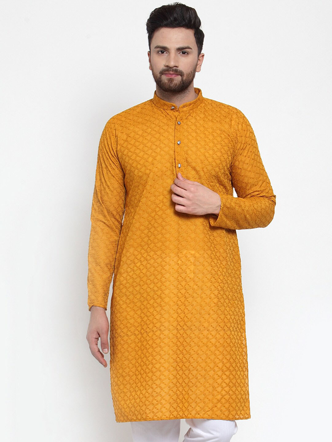 Jompers Mandarin Collar Long Sleeves Embroidered Pure Cotton Kurta