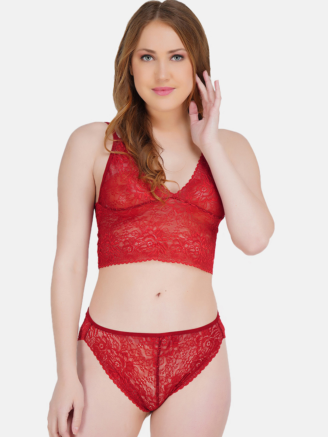 Hill Islands Women Red Self Design Cotton Lingerie Set