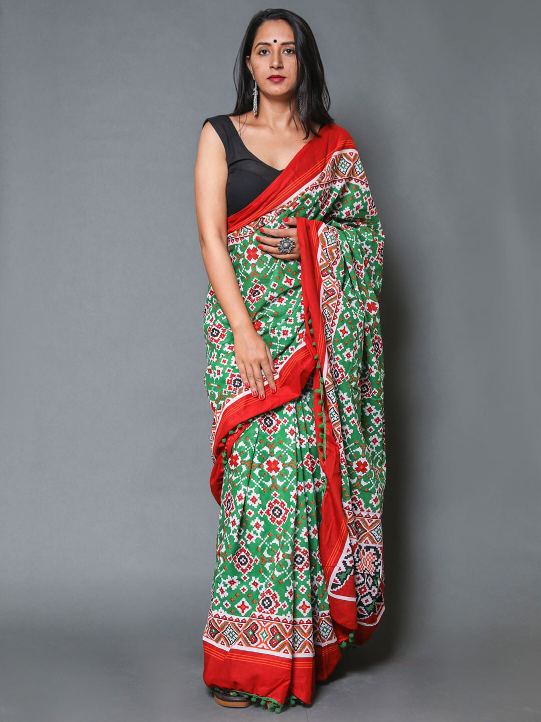 BUTA BUTI Green & Orange Pure Cotton Patola Saree