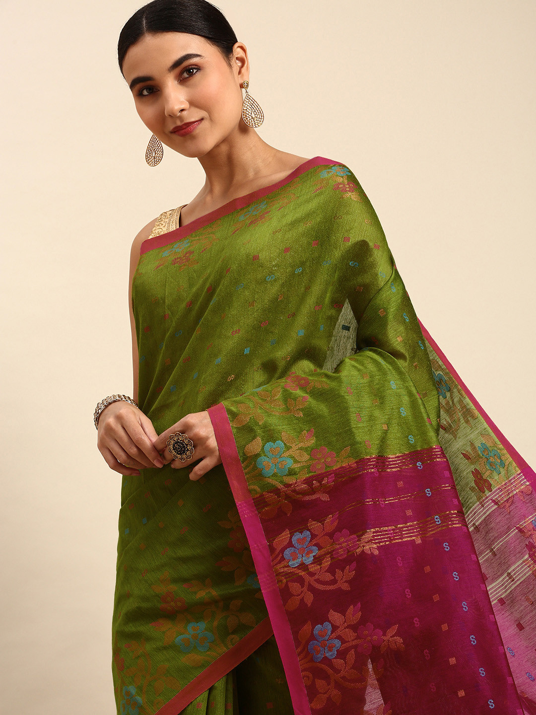 WoodenTant Floral Woven Design Silk Cotton Saree