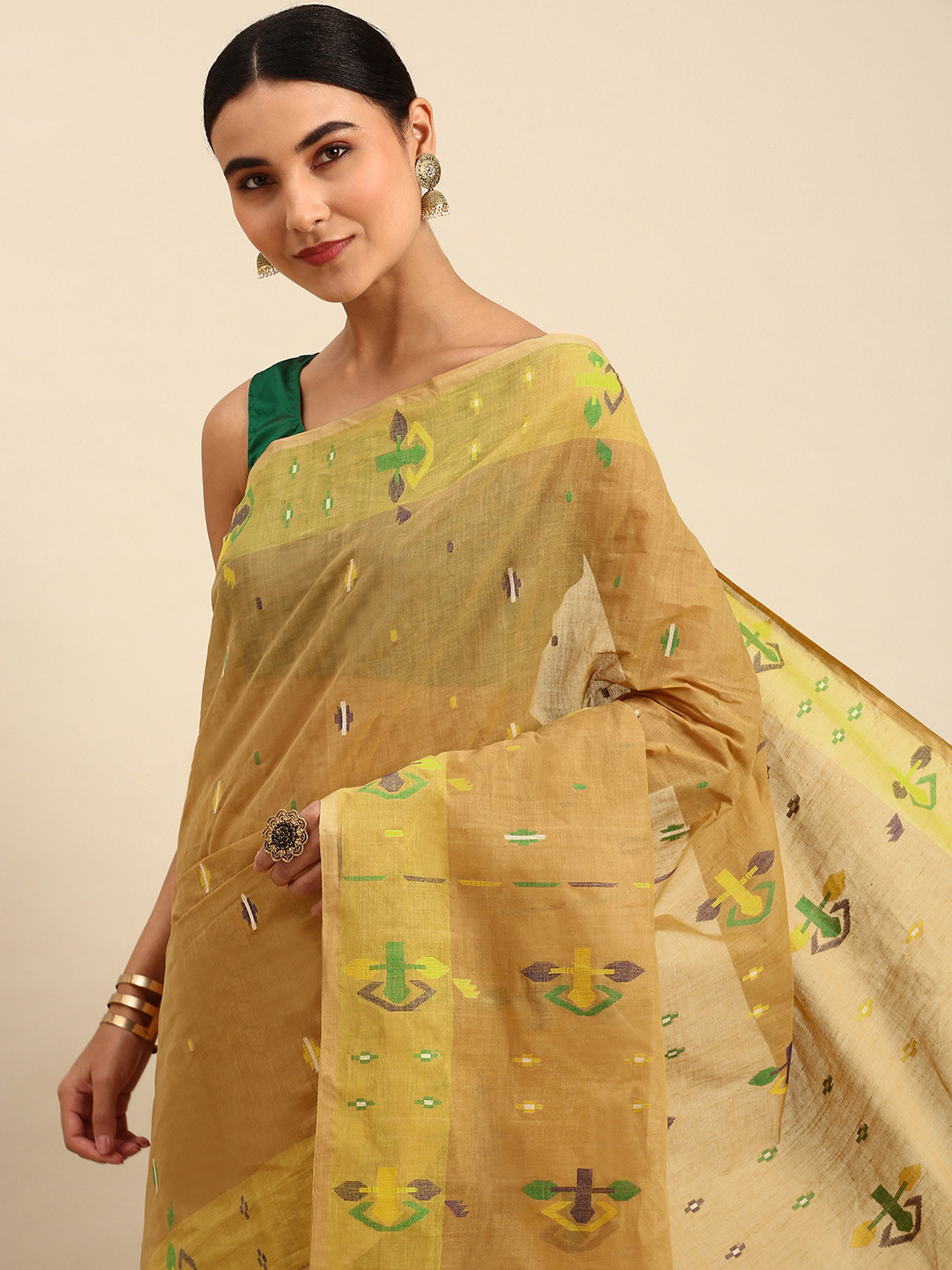 WoodenTant Beige Woven Design Pure Cotton Jamdani Saree