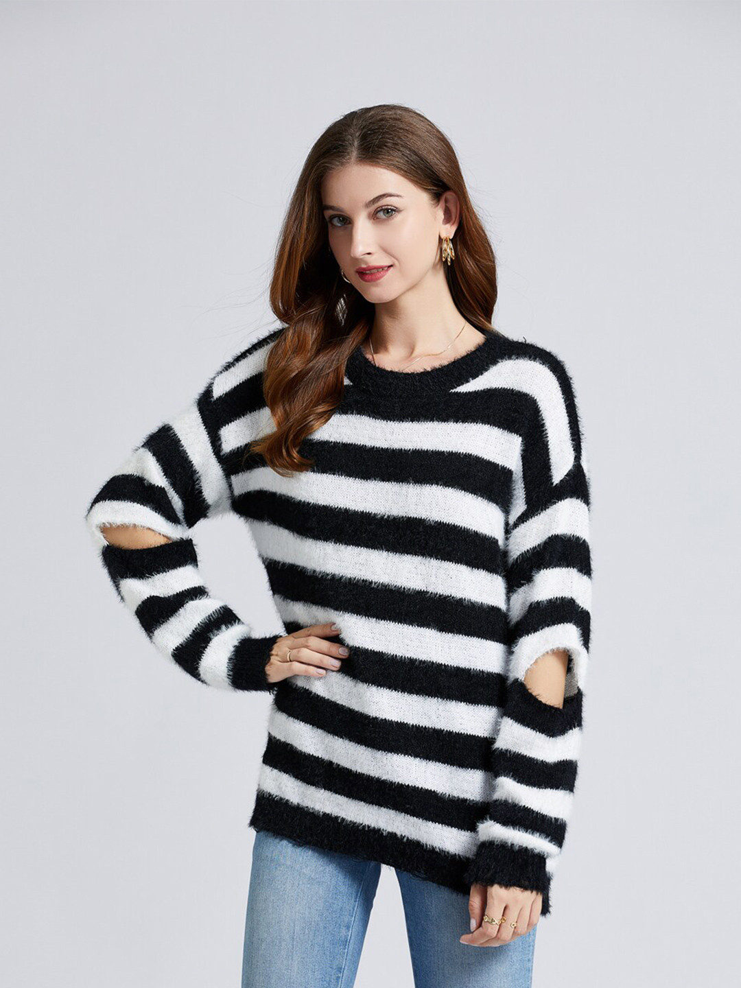 JC Collection Women Black & White Striped Striped Pullover
