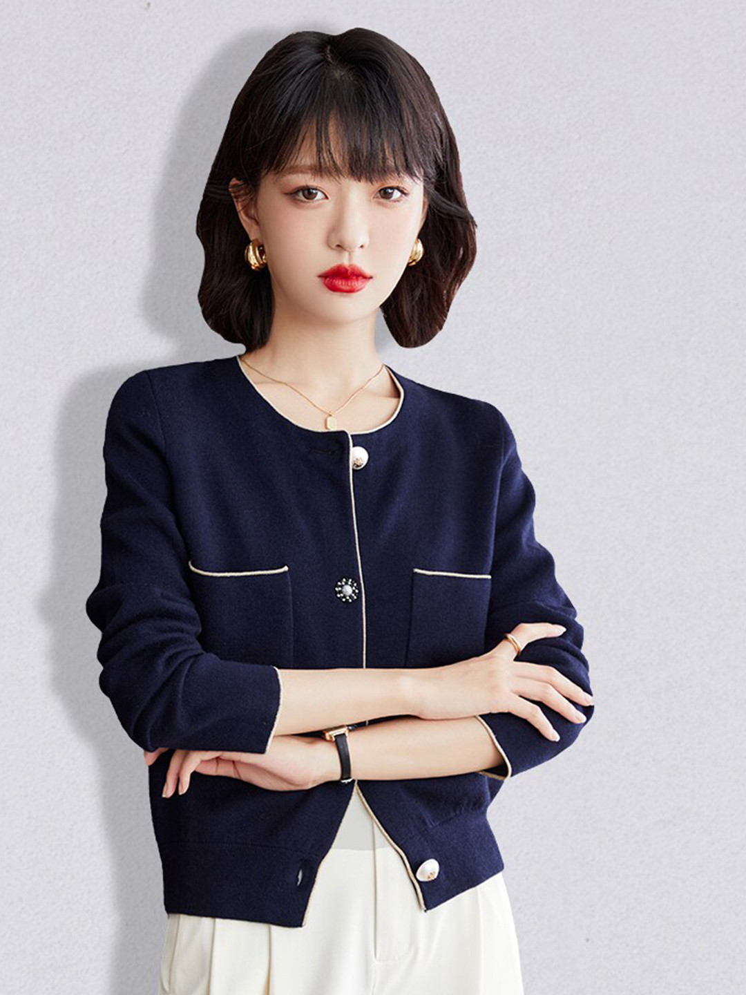 JC Collection Women Navy Blue Crop Cardigan