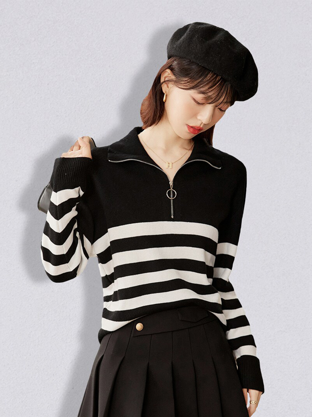 JC Collection Women Black & White Striped Pullover