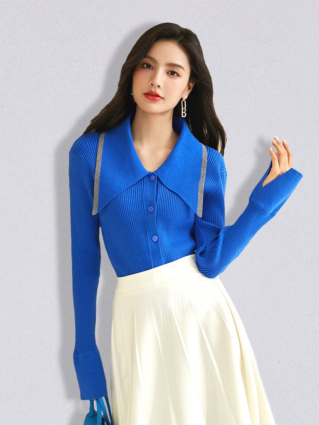 JC Collection Women Blue Ribbed Cardigan
