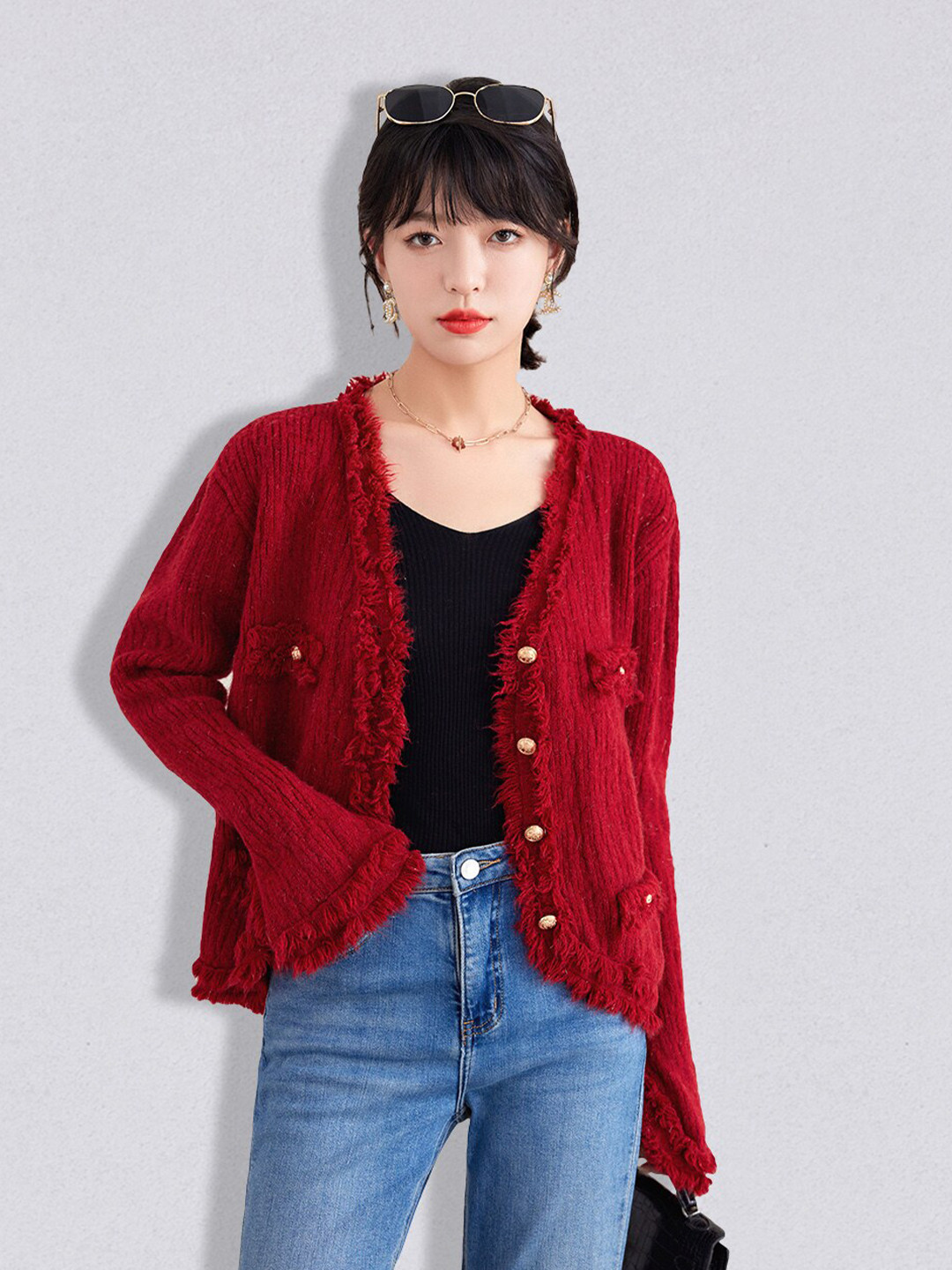 JC Collection Women Red Ribbed Cardigan with Fuzzy Detail