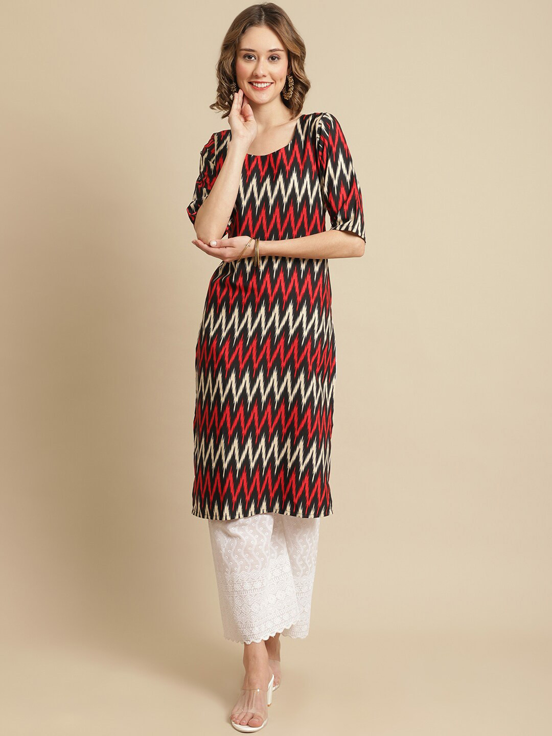 7Threads Women Red & Black Chevron Printed Ikat Crepe Straight Fit Kurta