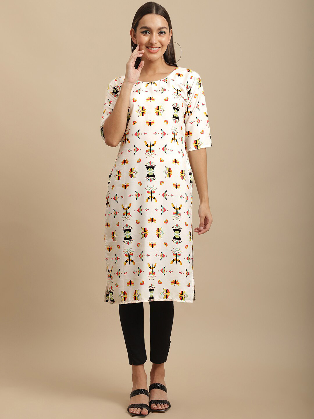 7Threads Women White Tribal Printed Straight Fit Crepe Kurta