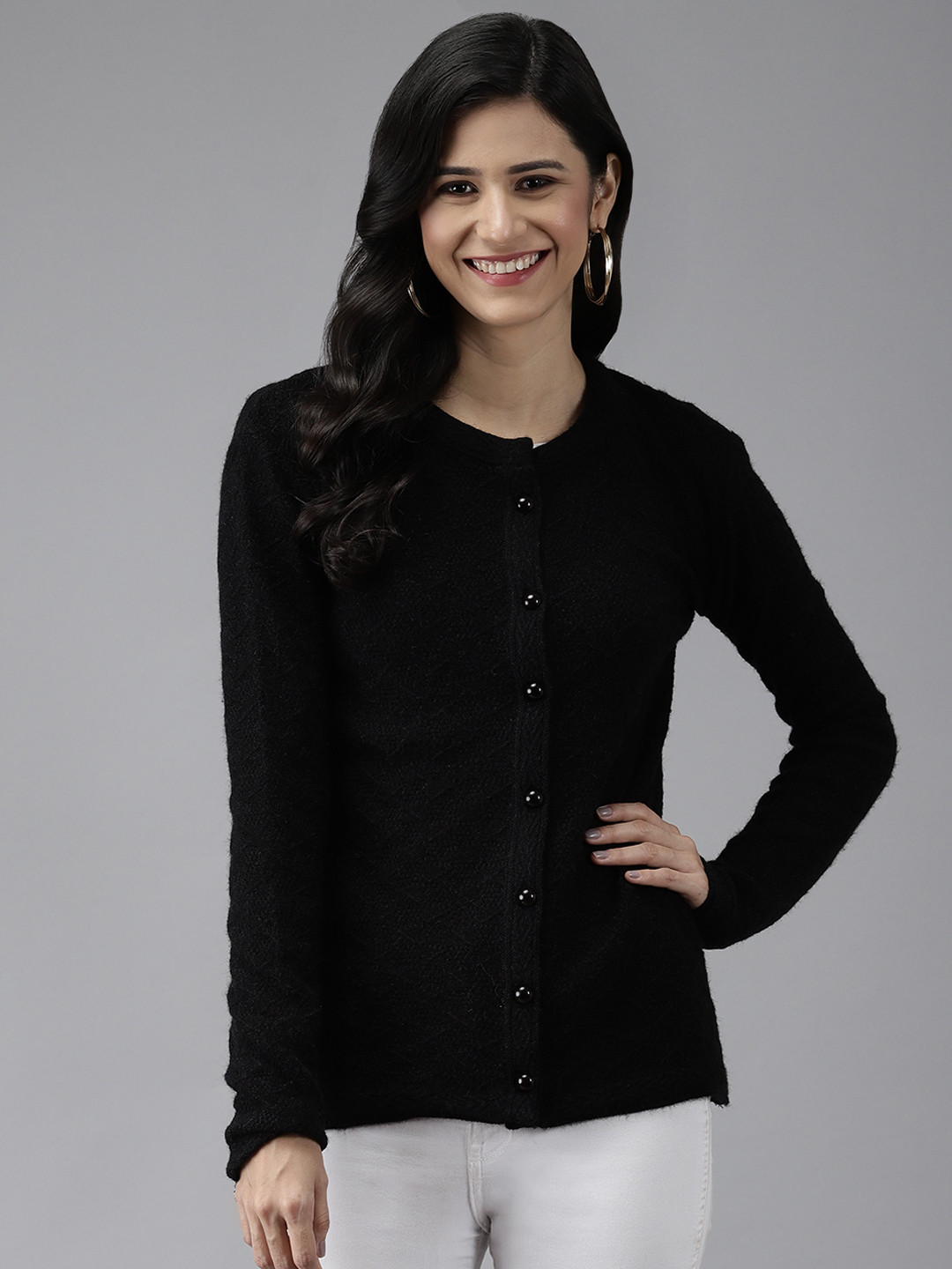 Cayman Women Black Solid Woolen Cardigan