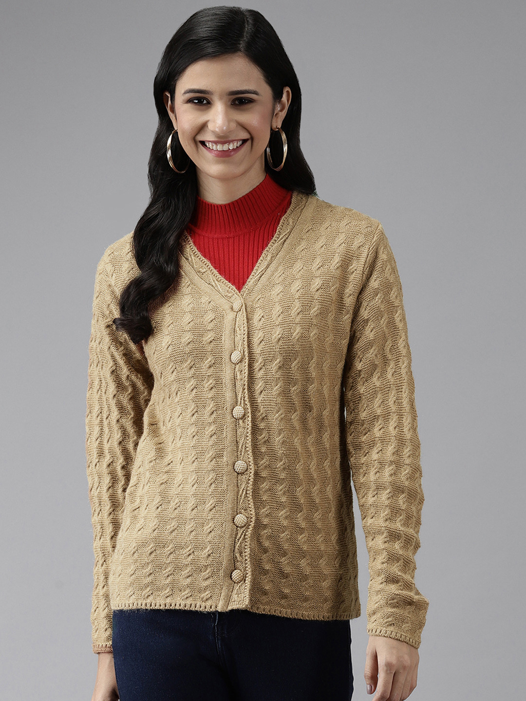 Cayman Women Beige Solid Woolen Cardigan
