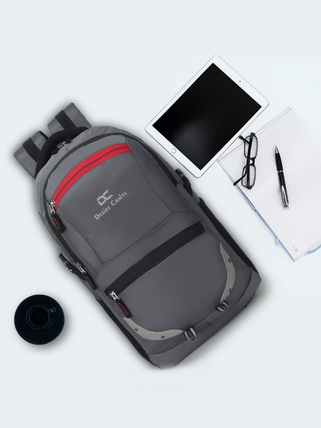 Dezire Crafts Unisex Grey & Red Backpack with Reflective Strip