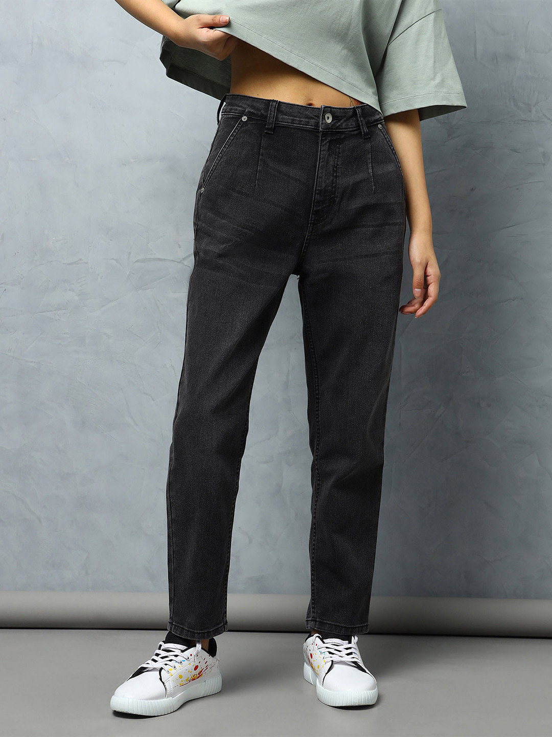 Flying Machine Women Black High-Rise Heavy Fade Stretchable Straight Fit Jeans