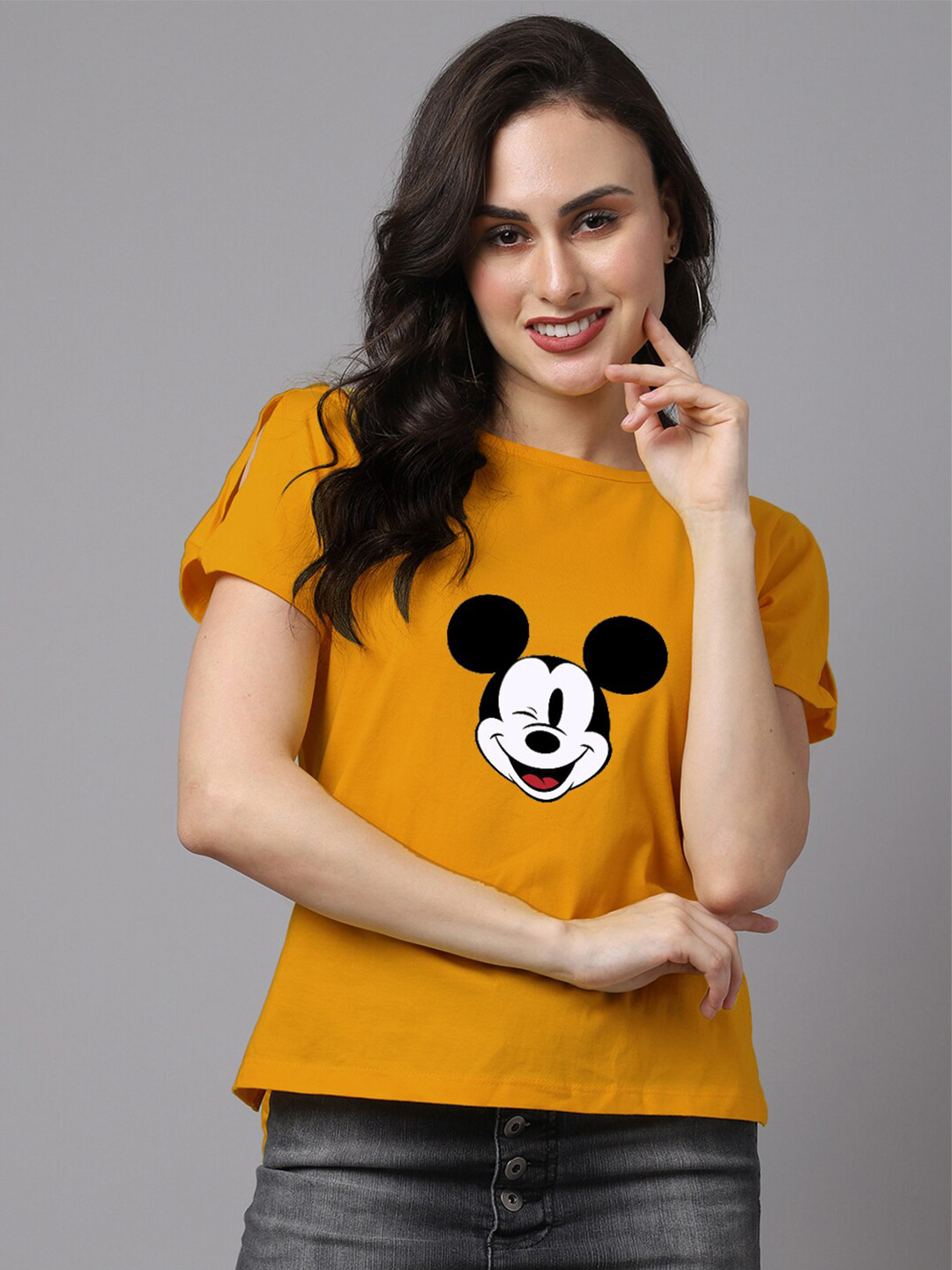 Friskers Mustard Yellow & Black Pure Cotton Printed T-shirt Style Top