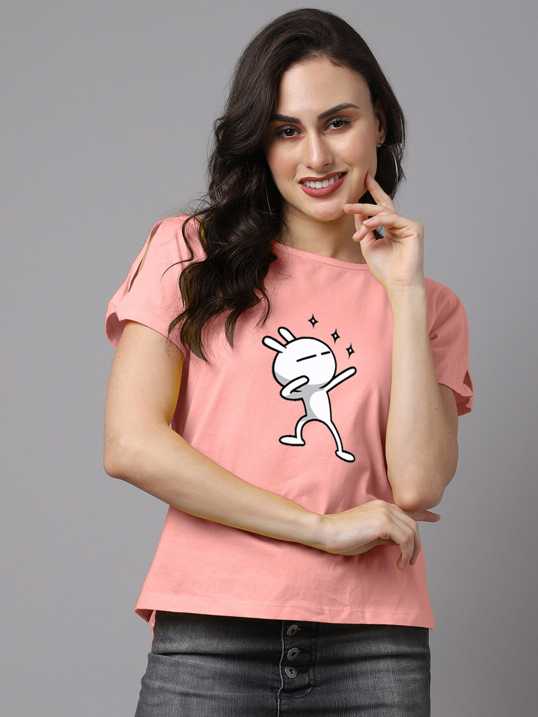 Friskers Coral & Black Pure Cotton Printed T-shirt Style Top