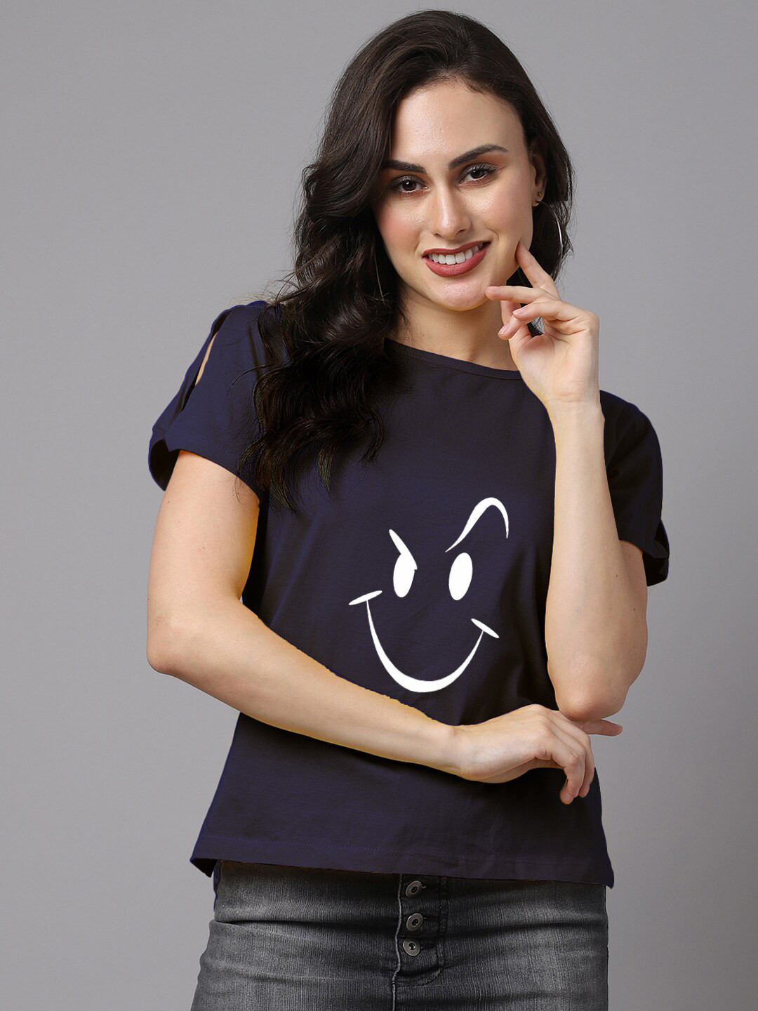 Friskers Navy Blue & White Pure Cotton Printed T-shirt Style Top