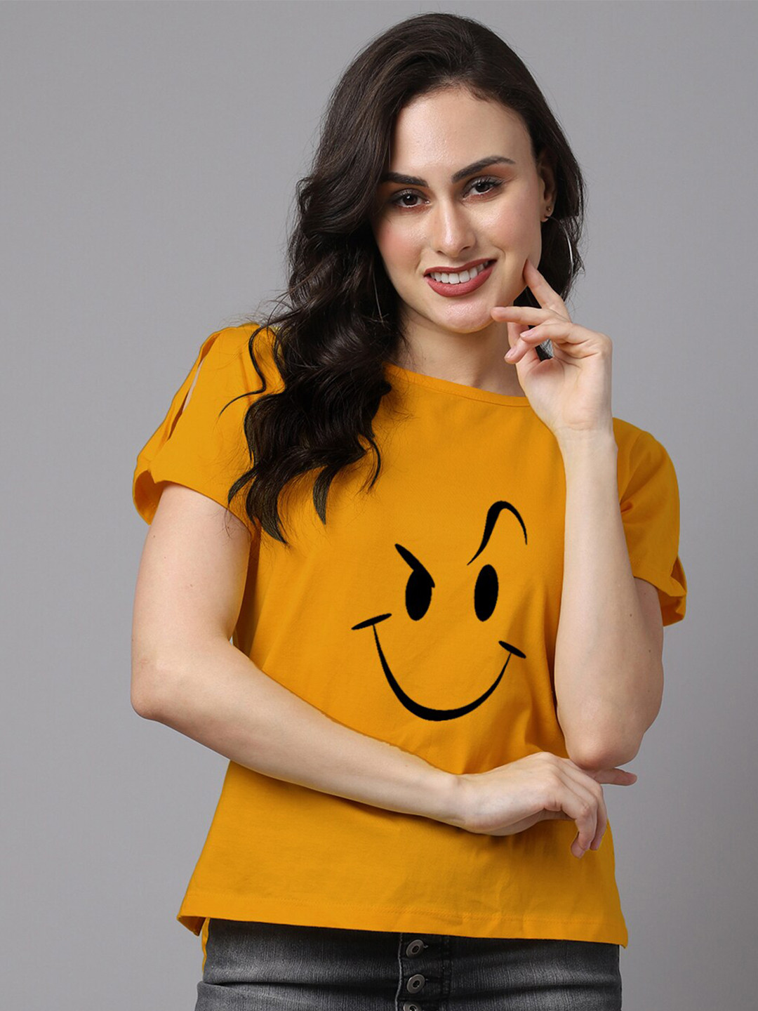 Friskers Yellow Smily Print Pure Cotton Top