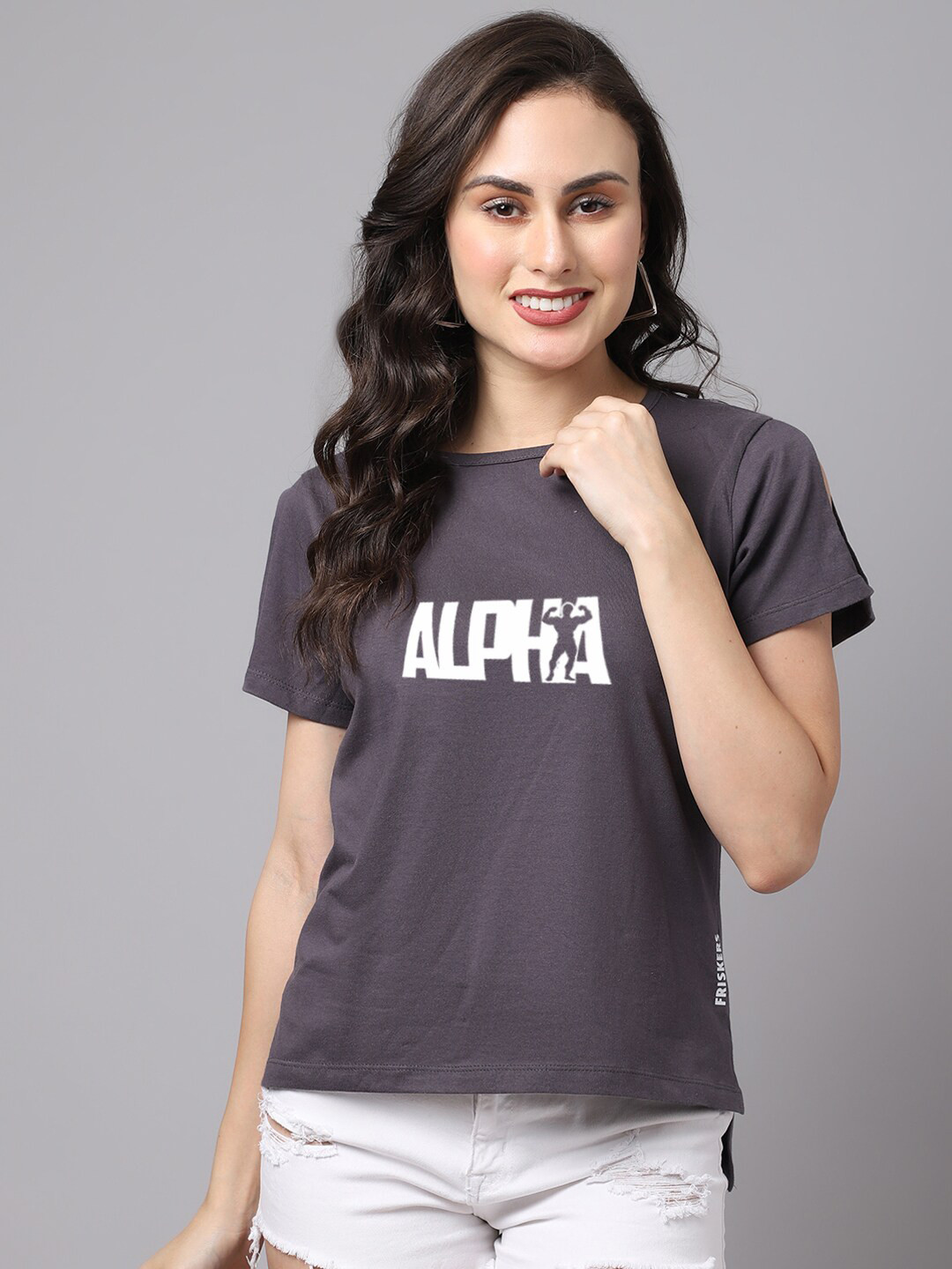 Friskers Grey & White Slit Sleeves Pure Cotton Top