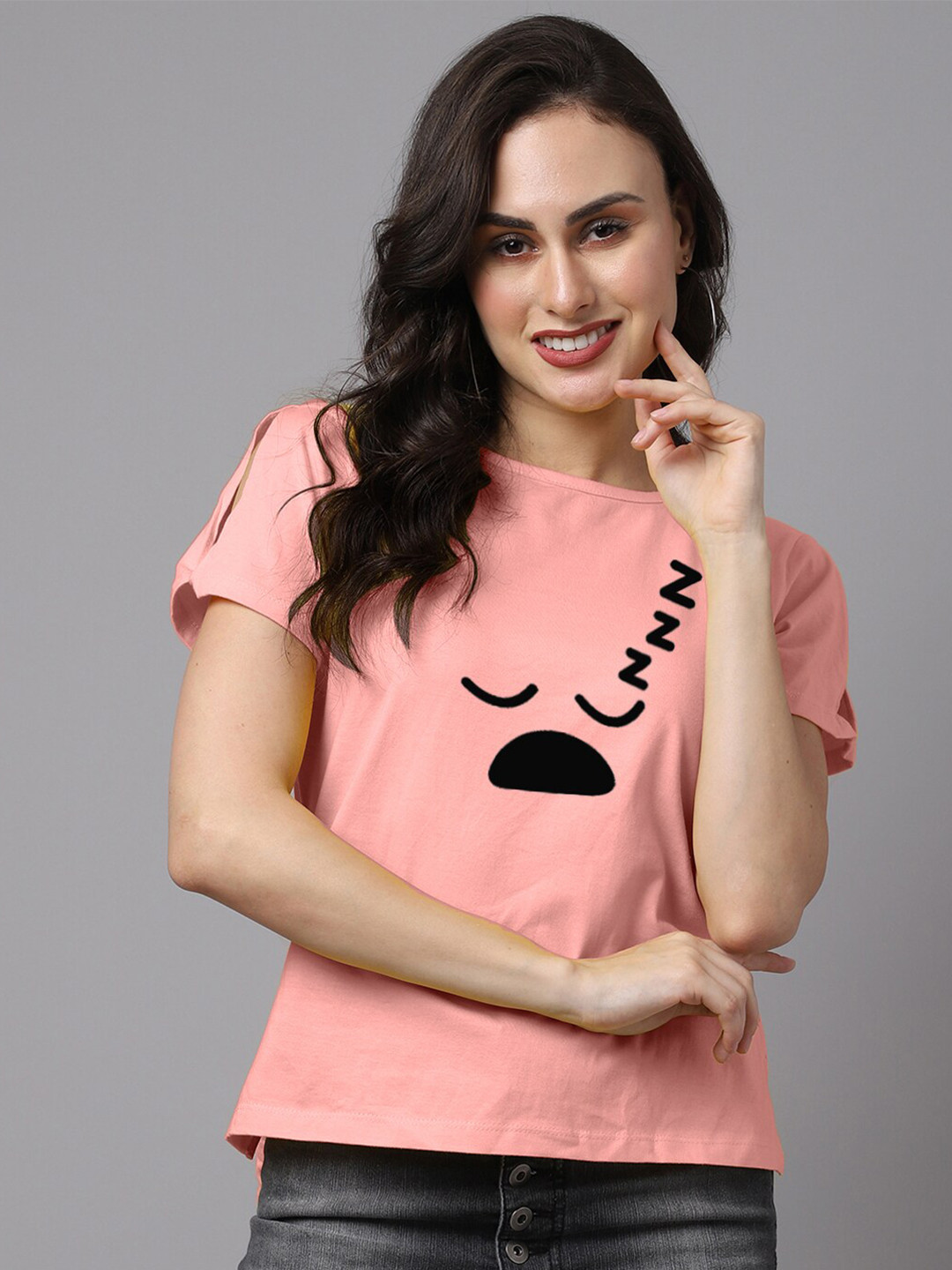 Friskers Peach-Coloured Slit Sleeves Pure Cotton Top