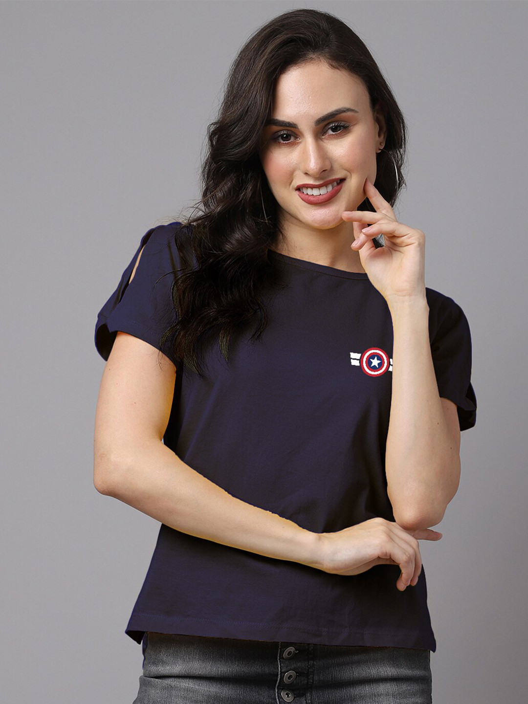 Friskers Women Navy Blue Captain America Printed T-shirt