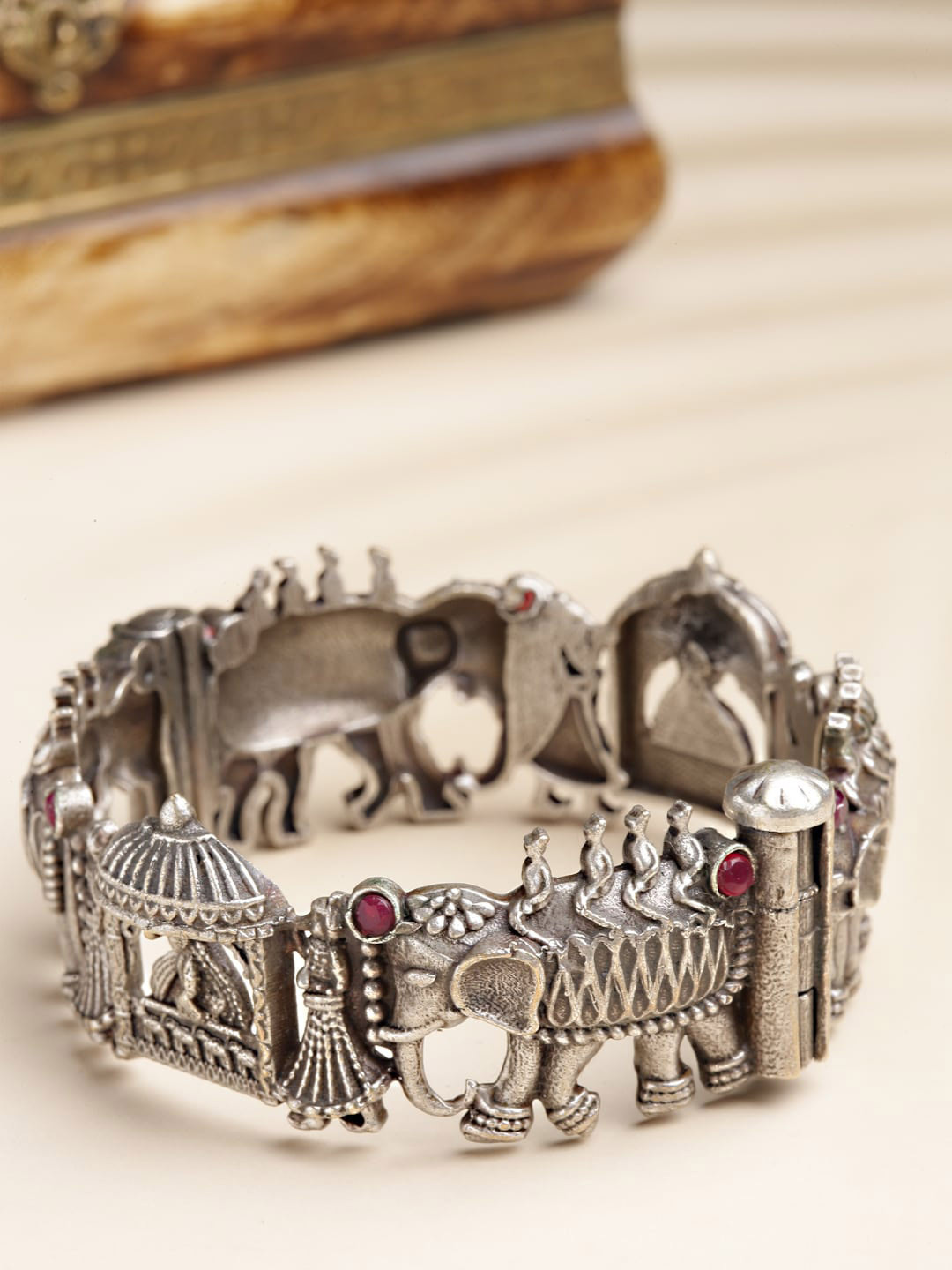 Sanjog Silver-Plated Textured Designed Adjustable Oxidised Bangle