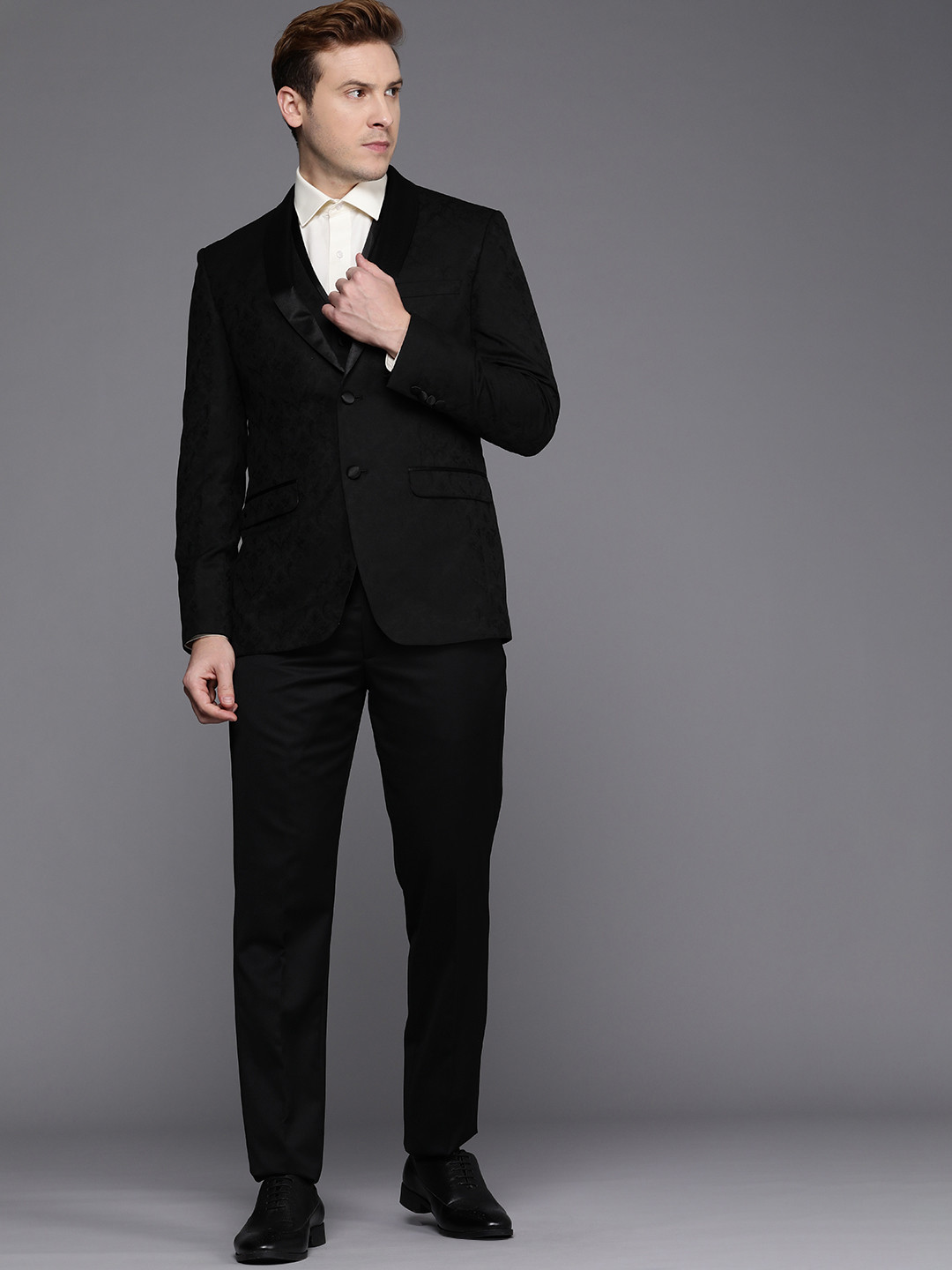 Louis Philippe Men Navy Black Self-Design Slim-Fit Single-Breasted Three-Piece Formal Suit