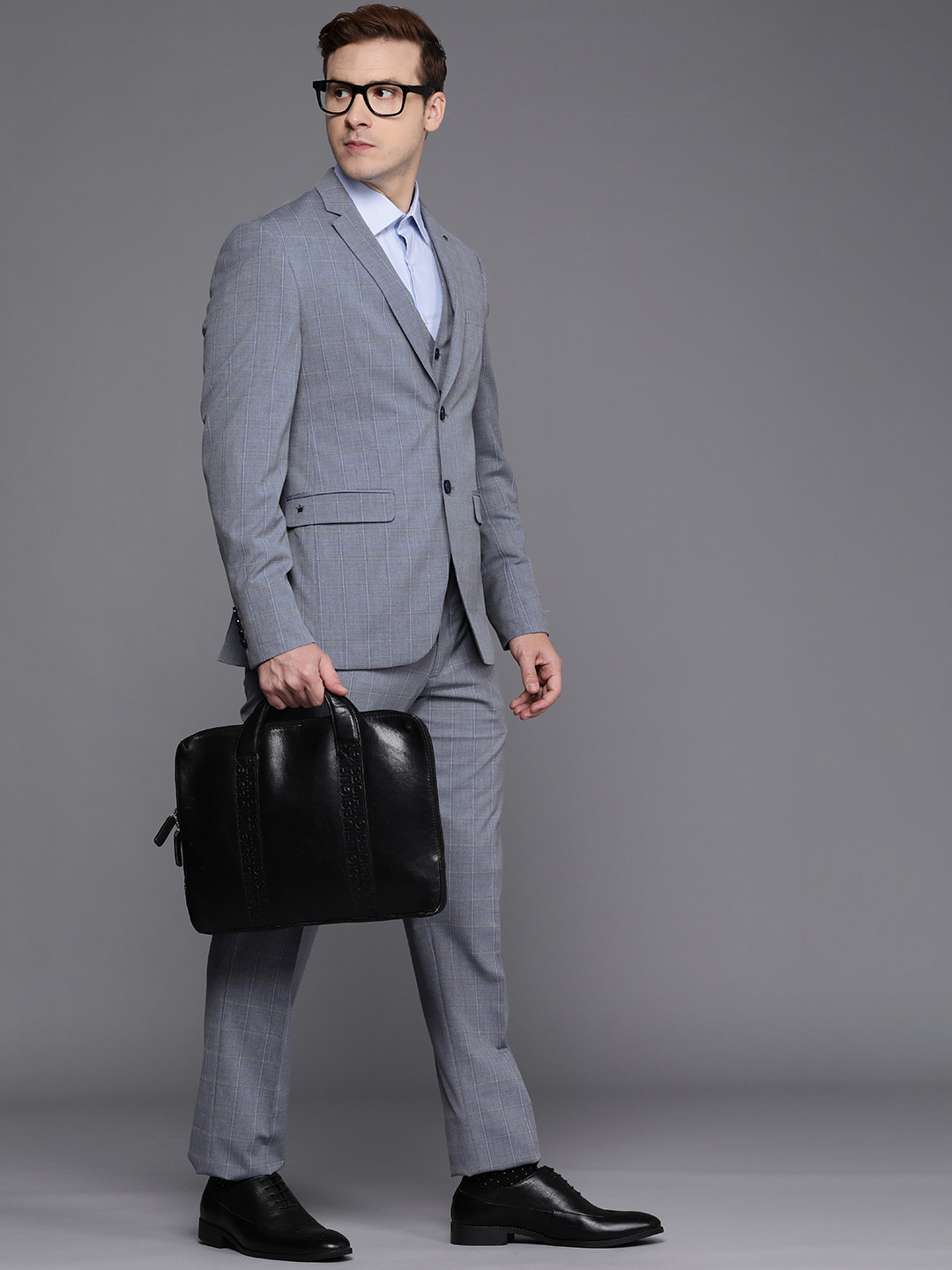 Louis Philippe Blue & Grey Slim Fit Checked Single Breasted 3-Piece Formal Suit