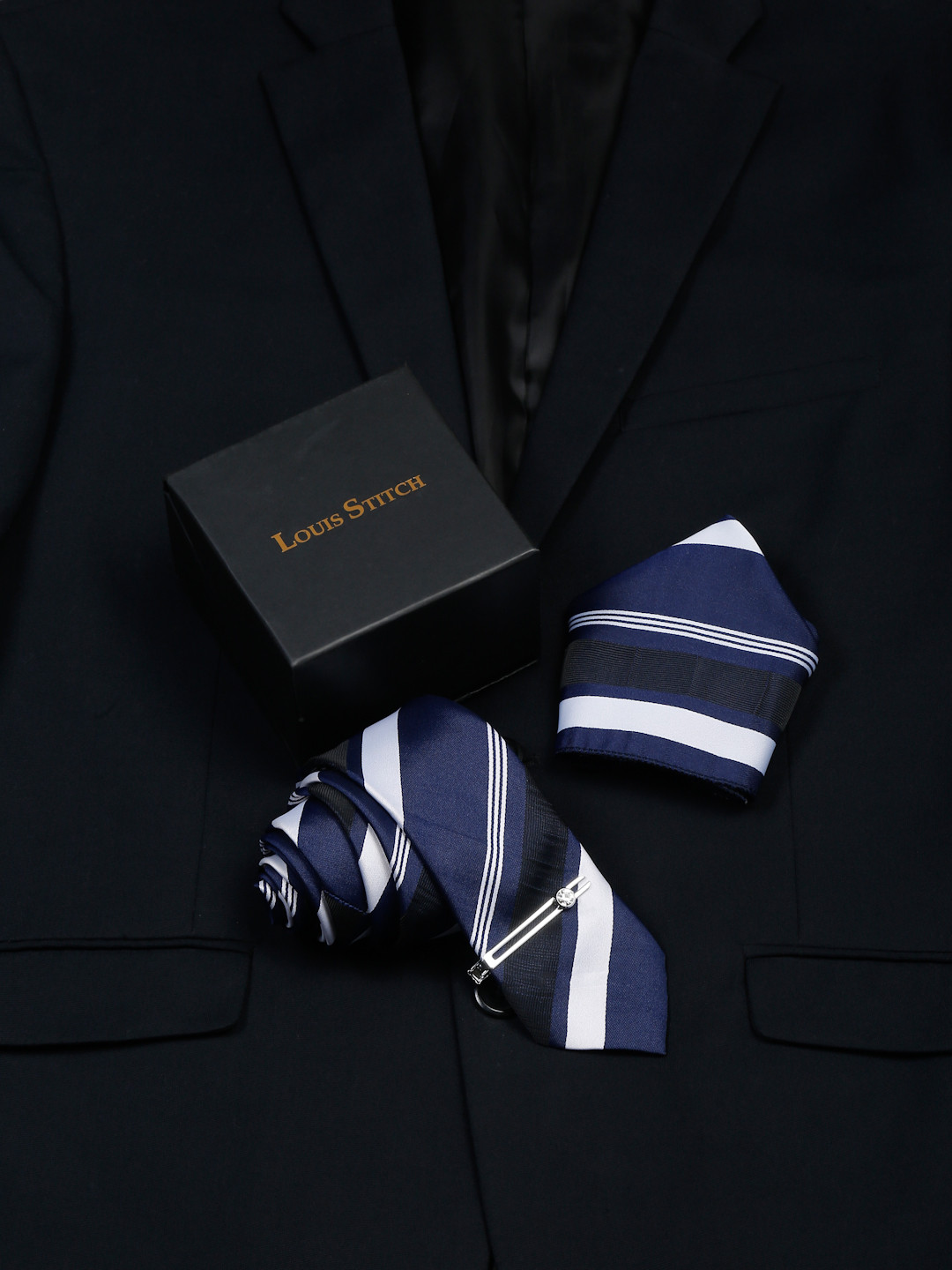 LOUIS STITCH Men Striped Italian Silk Necktie Accessory Gift Set
