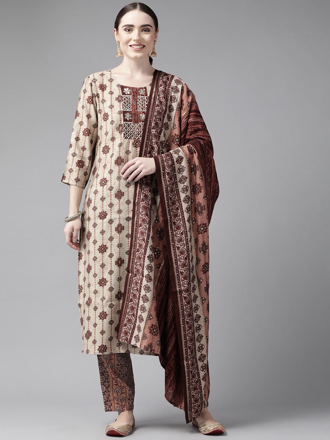 Yufta Women Beige & Brown Ethnic Motifs Printed Mirror Work Kurta with Trousers & Dupatta