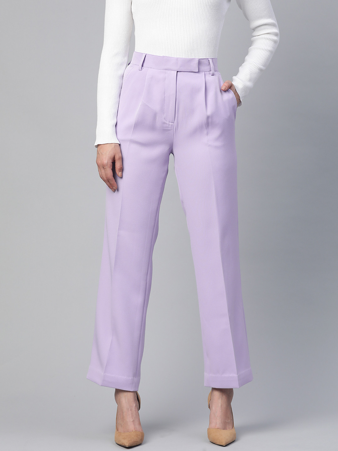 PowerSutra Women Lavender Loose Fit Solid Pleated Trousers
