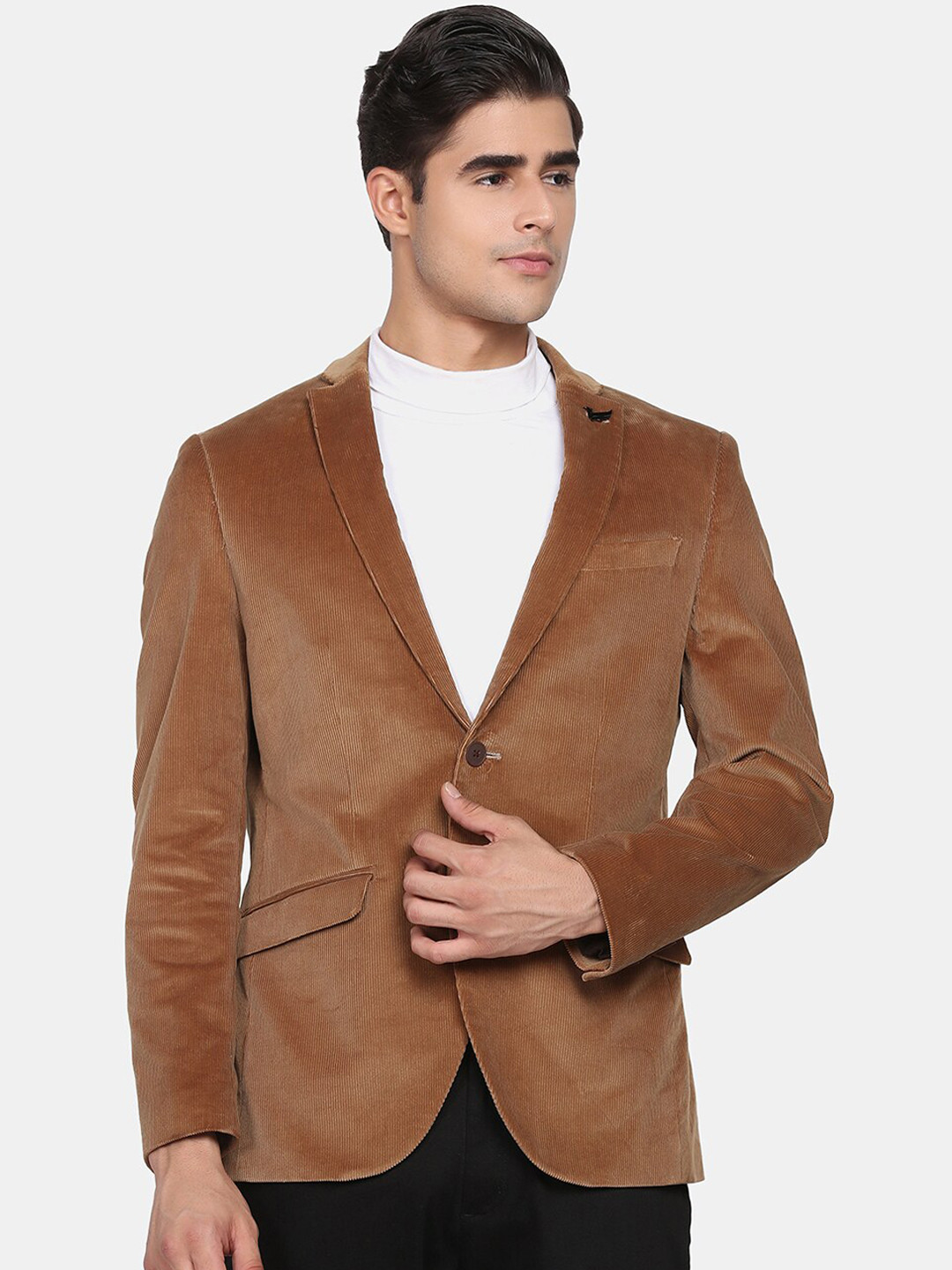 Blackberrys Men Khaki Solid Cotton Blend Slim-Fit Single-Breasted Blazers