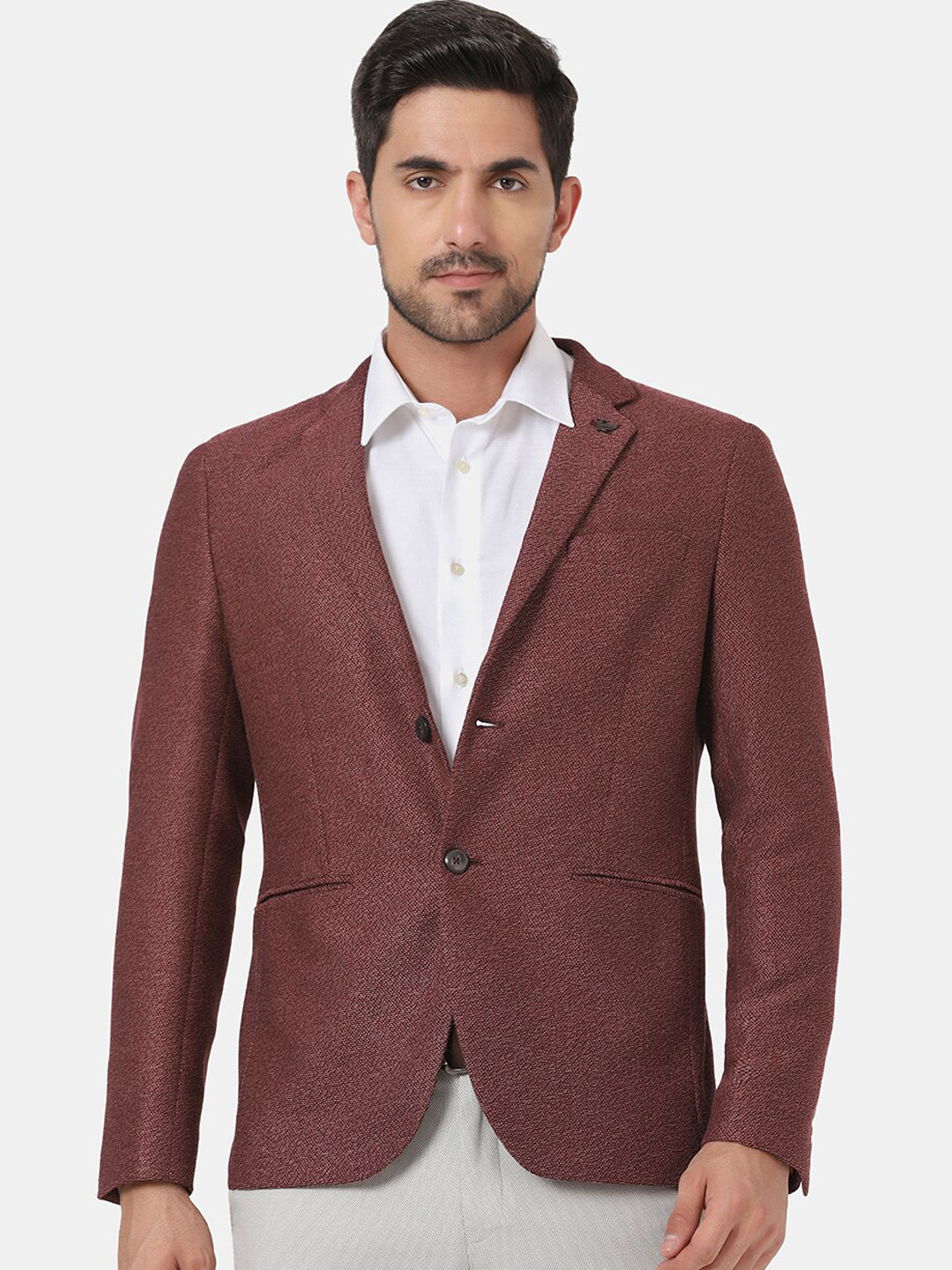 Blackberrys Men Red Textured Slim-Fit Single-Breasted Formal Blazers