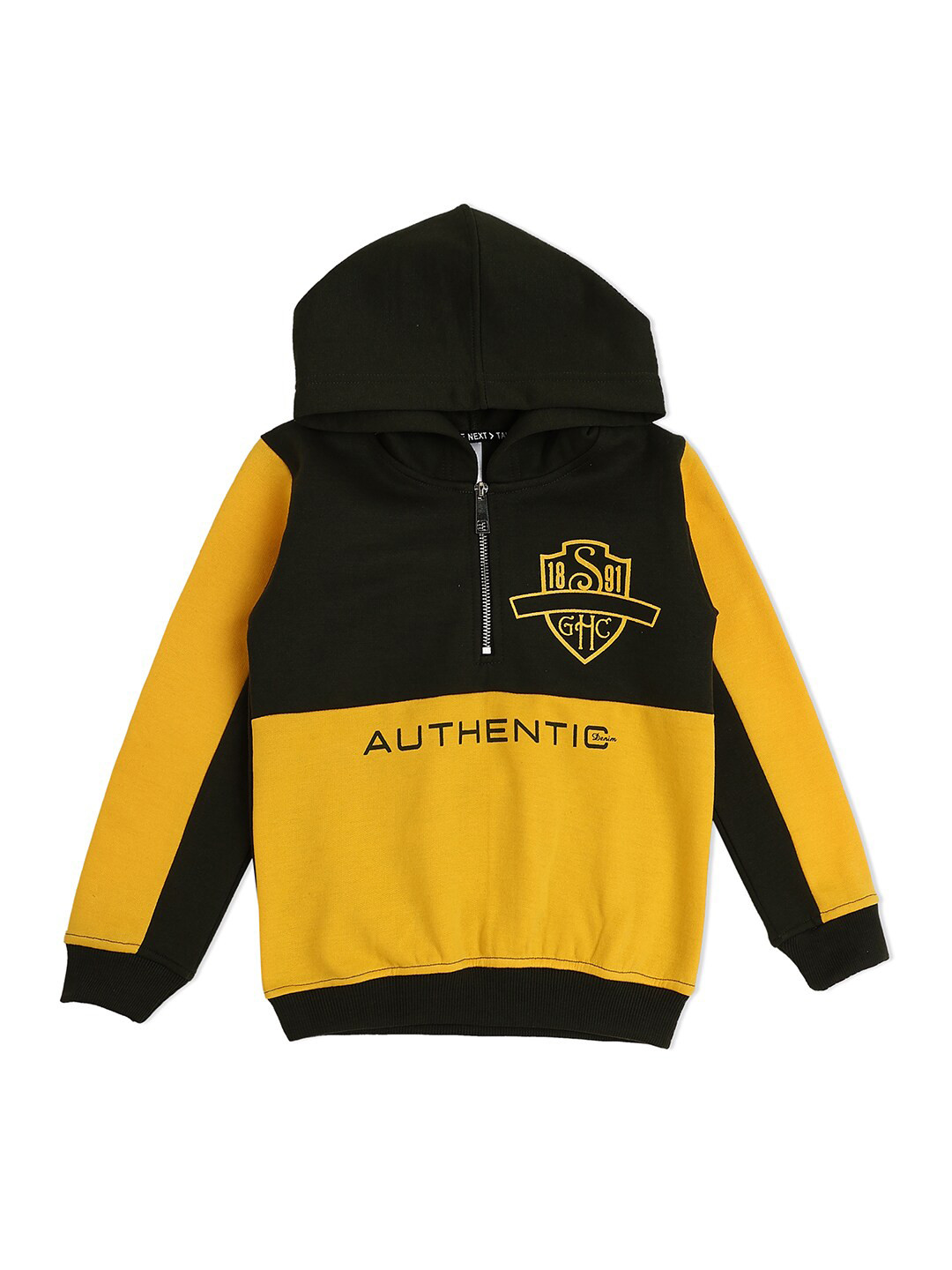 earth conscious Boys Olive Green & Yellow Colourblocked Hooded Sweatshirt