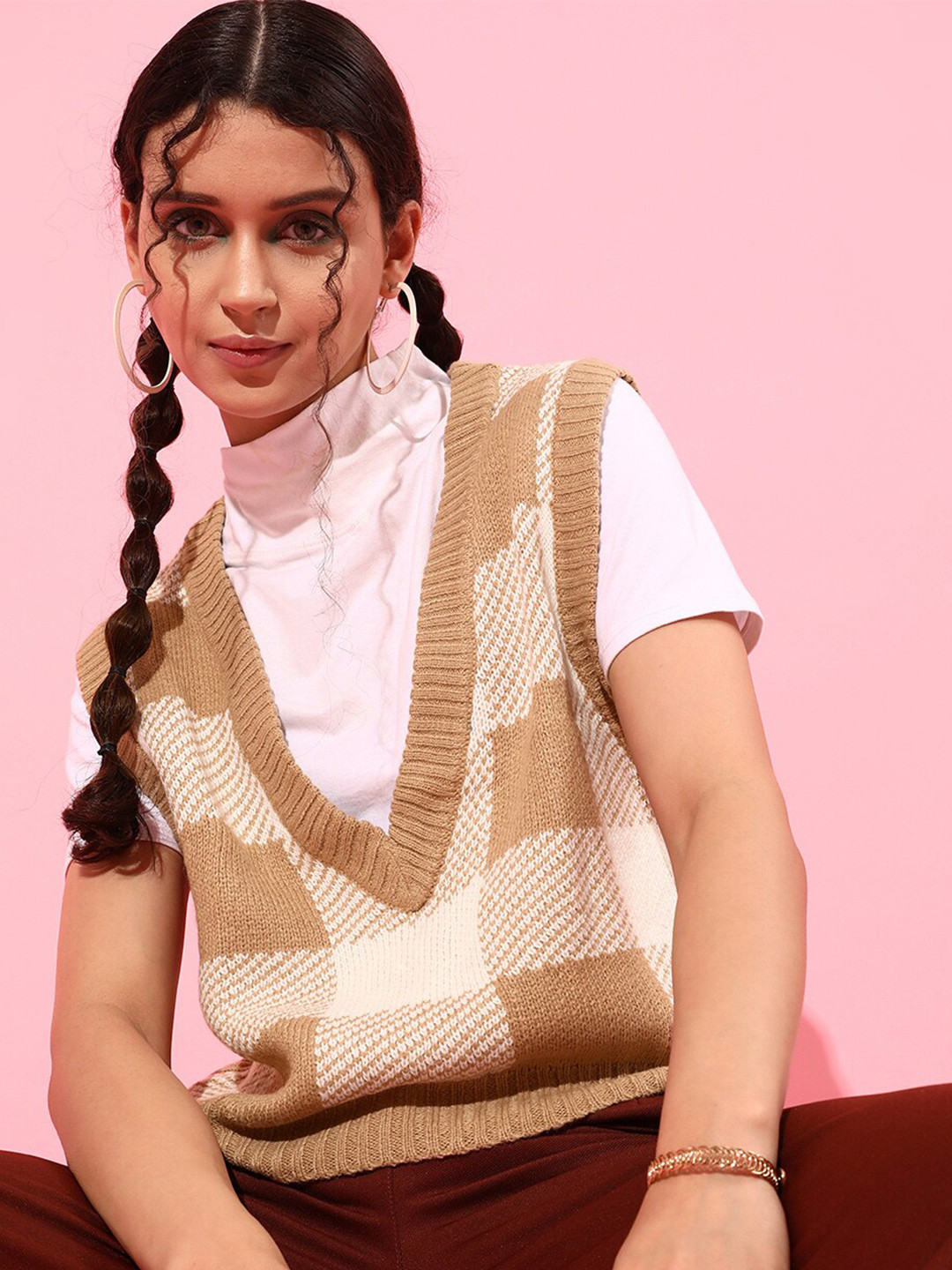 STREET 9 Women Deep Brown Checked Sweater