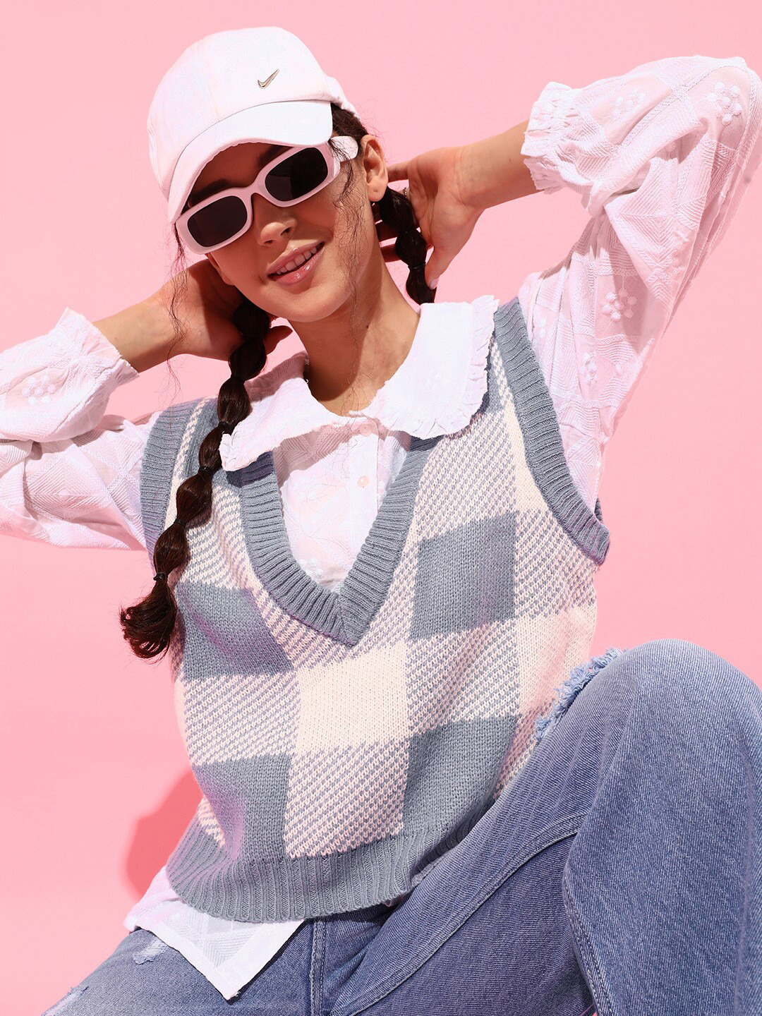 STREET 9 Women Beautiful Blue Checked Sweater