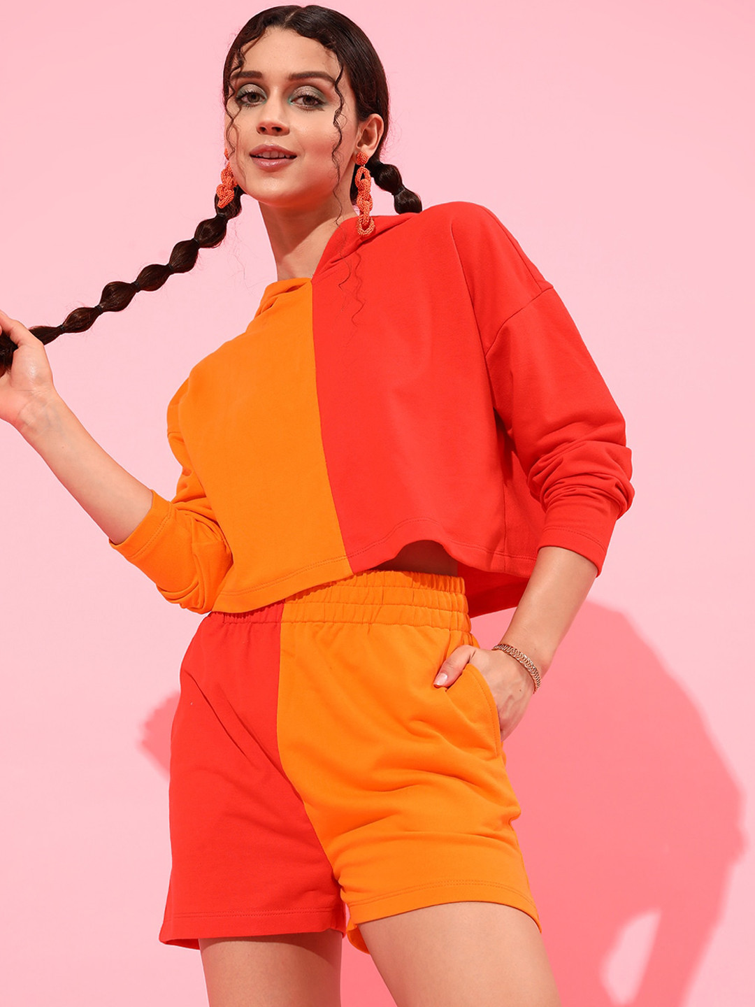 STREET 9 Women Orange & Red Color-Blocked Pure Cotton Co-Ords