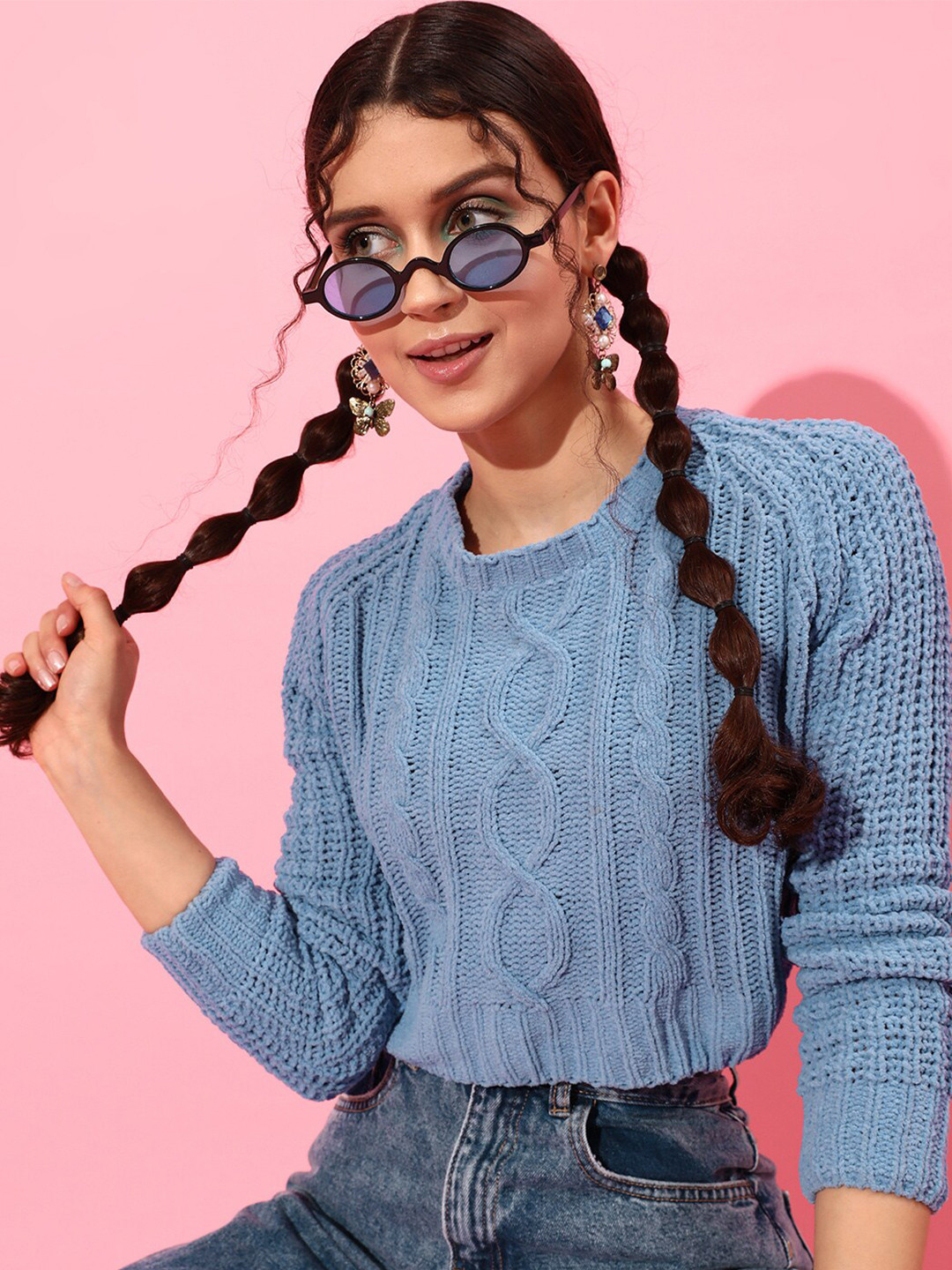 STREET 9 Women Beautiful Blue Cable Knit Sweater