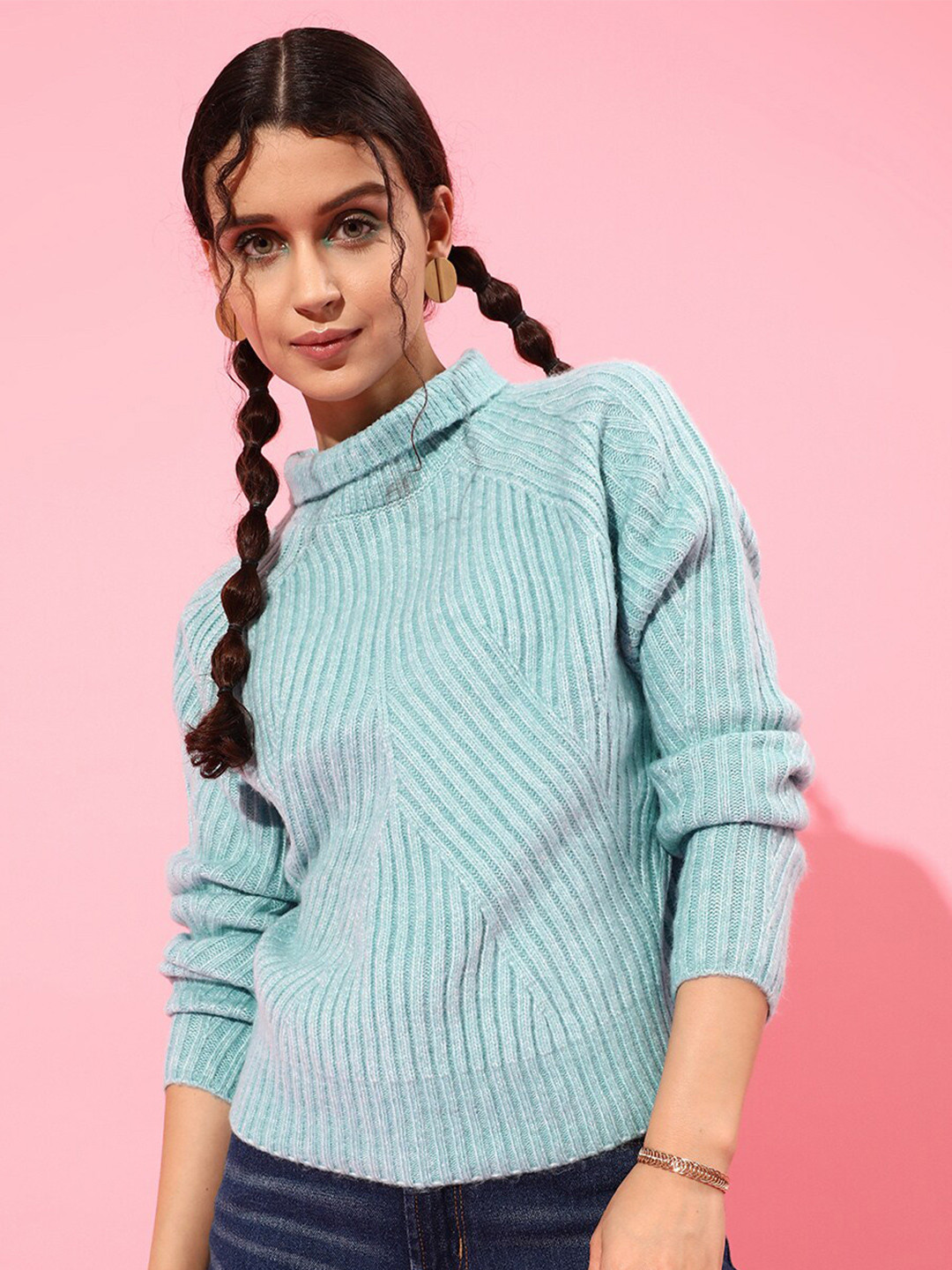 STREET 9 Women Turquoise Blue Striped Sweater