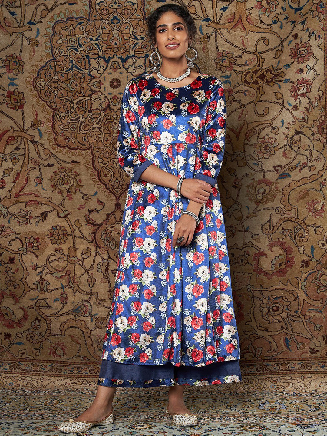 Shae by SASSAFRAS Women Blue Floral Printed Pleated Velvet Kurta with Palazzos