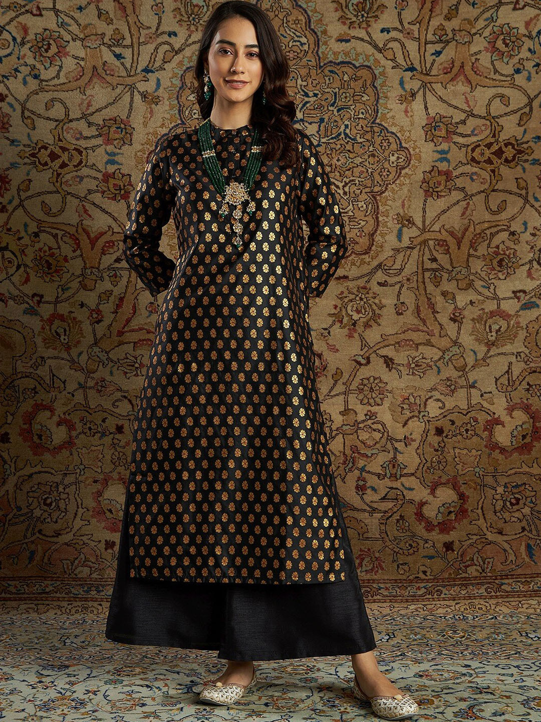 Shae by SASSAFRAS Band Collar Ethnic Motifs Printed Indie Prints Brocade Jacquard Kurta