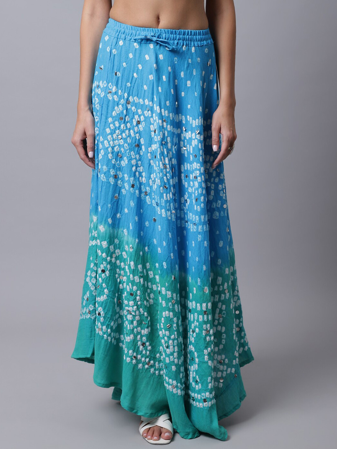SOUNDARYA Women Blue & Green Tie-Dye Bandhani Printed Cotton A-Line Maxi Skirts
